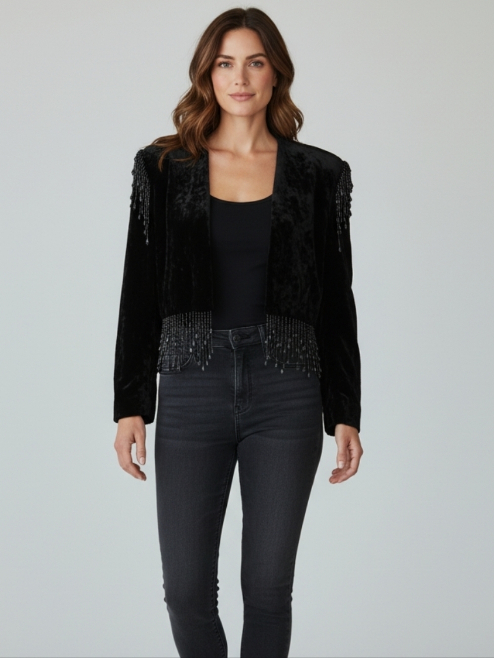Vintage ALEX EVENINGS Cropped Velvet Jacket Beaded Fringe Retro Glam Size Large - Picture 13 of 13